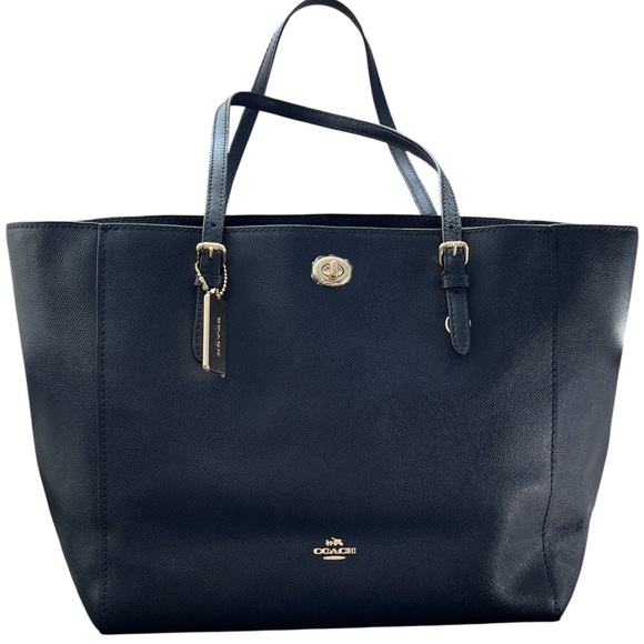 COACH Coach Turn-Lock Leather Tote Bag Navy HW Gold L1647-57450 - Picture 1 of 4